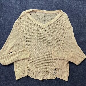 Free People Sweater Womens Medium Over Sized Beige V Neck Open Knit Dolman Boho